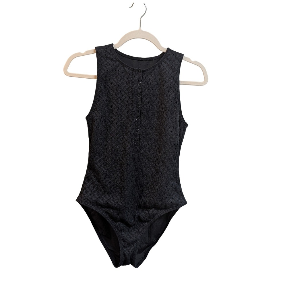 Andie Swim The Malibu Eyelet One Piece Swimsuit Black Henley Snap Front Approx S - Picture 7 of 12